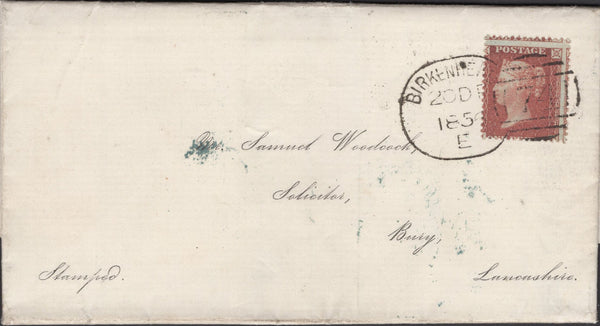 136089 1856 LETTER USED LOCALLY IN BURY, LANCS WITH 1D (SG29) 'BIRKENHEAD/74' SPOON (RA1) AND 'LIME KILN-LANE' UDC IN DARK BLUE.
