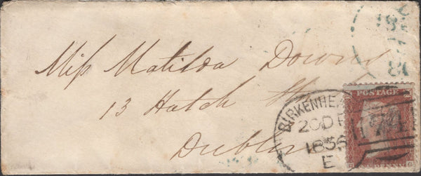 136090 1856 MAIL BIRKENHEAD TO DUBLIN WITH 1D (SG29) 'BIRKENHEAD/74' SPOON (RA1).