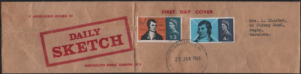 136110 1966 NEWSPAPER WRAPPER LONDON TO RUGBY WITH 4D AND 1/3 BURNS ISSUE (SG685/686) FIRST DAY OF ISSUE.