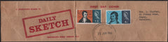 136110 1966 NEWSPAPER WRAPPER LONDON TO RUGBY WITH 4D AND 1/3 BURNS ISSUE (SG685/686) FIRST DAY OF ISSUE.