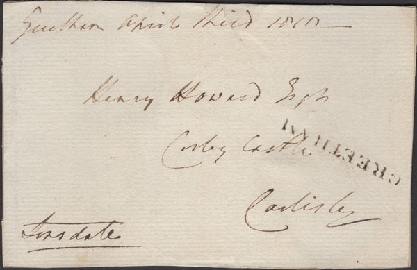 136171 1810 FREE MAIL GREETHAM, RUTLAND TO CARLISLE WITH 'GREETHAM' STRAIGHT LINE HAND STAMP (RU2).