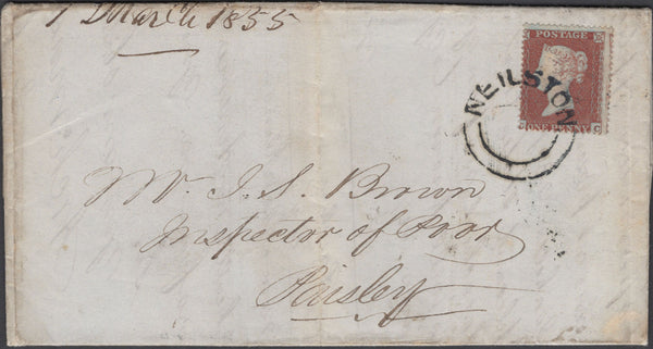 136180 1855 MAIL NEILSTON, GLASGOW TO PAISLEY WITH 1D PL.195 (SG17) 'NEILSTON' SCOTS LOCAL TYPE XX.