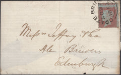 136181 1854 LARGE PART WRAPPER COATE BRIDGE, LANARKSHIRE TO EDINBURGH WITH 1D PL.173 (SG17) WITH 'COATE BRIDGE' DATE STAMP.