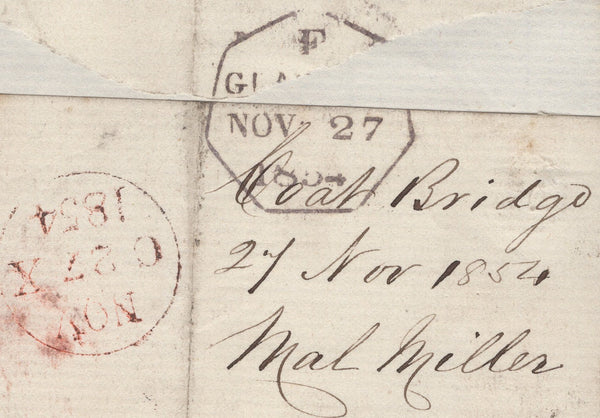 136181 1854 LARGE PART WRAPPER COATE BRIDGE, LANARKSHIRE TO EDINBURGH WITH 1D PL.173 (SG17) WITH 'COATE BRIDGE' DATE STAMP.