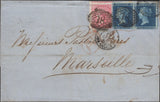136185 1857 MAIL LONDON TO MARSEILLE WITH 4D CARMINE (SG66) AND 2D BLUE PL.5 (SG34) X 2.