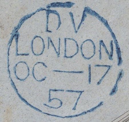 136185 1857 MAIL LONDON TO MARSEILLE WITH 4D CARMINE (SG66) AND 2D BLUE PL.5 (SG34) X 2.