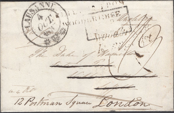 136196 1837 MAIL LAUSANNE TO SUFFOLK, RE-DIRECTED TO LONDON.