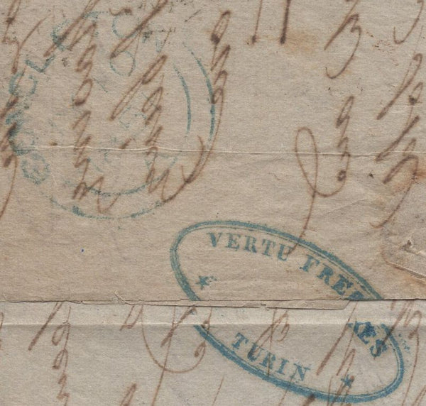 136439 1851 LETTER WITH 'PRICES CURRENT' ON REVERSE FROM TURIN TO CONGLETON WITH 1D PL.112 (SG8) AFFIXED IN LONDON.
