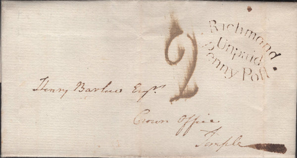 136511 1797 MAIL RICHMOND GREEN TO TEMPLE WITH 'Richmond/Unpaid/Penny Poft' HAND STAMP (L447/RICH4).