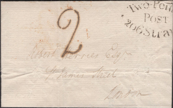 136512 1801 MAIL USED IN LONDON WITH 'Two-Penny/POST/206 Strand' HAND STAMP (L499/STRANE1).