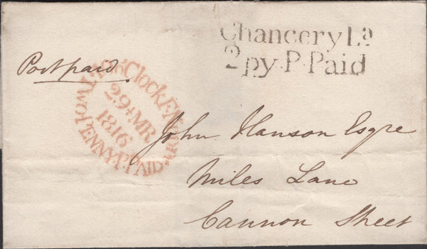 136516 1816 MAIL CHANCERY LANE TO CANNON STREET WITH 'Chancery La/2py P.Paid' HAND STAMP (L507/CHAN23).