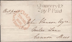 136516 1816 MAIL CHANCERY LANE TO CANNON STREET WITH 'Chancery La/2py P.Paid' HAND STAMP (L507/CHAN23).