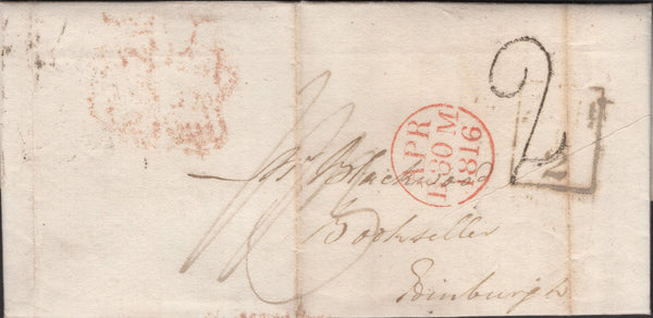 136517 1816 MAIL LUDGATE STREET TO EDINBURGH WITH 'PADDINGTON/EV' COUNTRY SORTING OFFICE DATE STAMP (L521) AND OTHER HAND STAMPS.
