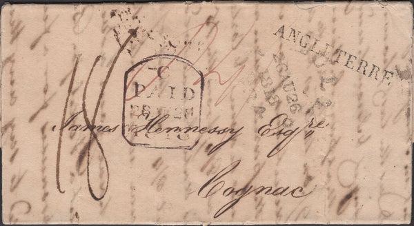 136519 1818 MAIL HULL TO COGNAC WITH 'ANGLETERRE' HAND STAMP.