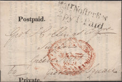 136520 1821 MAIL USED IN LONDON WITH 'PatrNofterRw/2py P.Paid' RECEIVERS HAND STAMP (L507/PAT7).