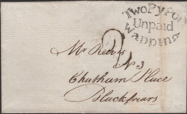 136521 1821 MAIL WAPPING TO BLACKFRIARS WITH 'TwoPyPoft/Unpaid/Wapping' RECEIVERS HAND STAMP (L501/WAP21).