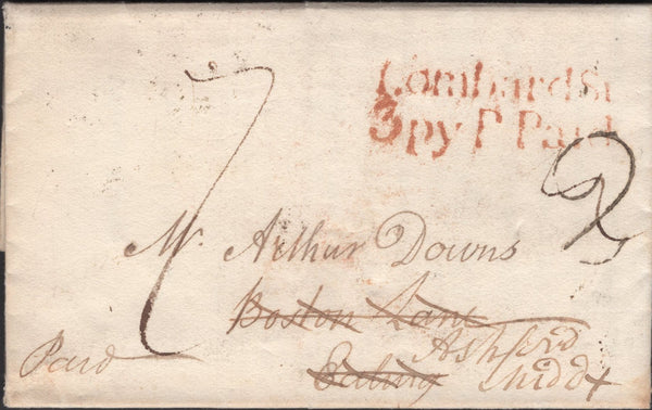 136522 1821 MAIL CONCERNING 'THAMES AND MEDWAY CANAL' USED IN LONDON WITH 'LombardSt/3py P Paid' HAND STAMP IN RED (L508/LOM13a).