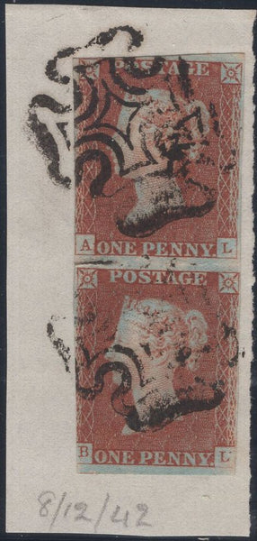 136556 1841 1D PL.21 (SG8) VERTICAL PAIR AL BL, AL MISSING IMPRIMATUR LETTERING.