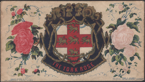 136561 CIRCA 1860 PRINTED/HAND COLOURED 'THE YORK ROSE' ENVELOPE BY JOSEPH MYER.