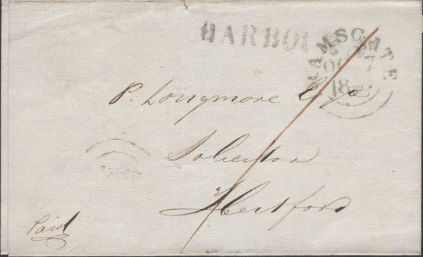 136565 1846 MAIL RAMSGATE TO HERTFORD WITH 'HARBOUR ST' RECEIVERS HAND STAMP.