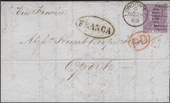 136573 1869 MAIL LONDON TO OPORTO WITH 6D MAUVE PL.8 (SG109).