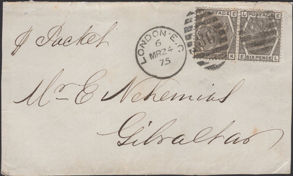 136577 1875 FRONT LONDON TO GIBRALTAR WITH PAIR 6D DEEP GREY PL.14 (SG146).