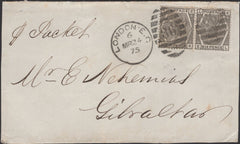 136577 1875 FRONT LONDON TO GIBRALTAR WITH PAIR 6D DEEP GREY PL.14 (SG146).