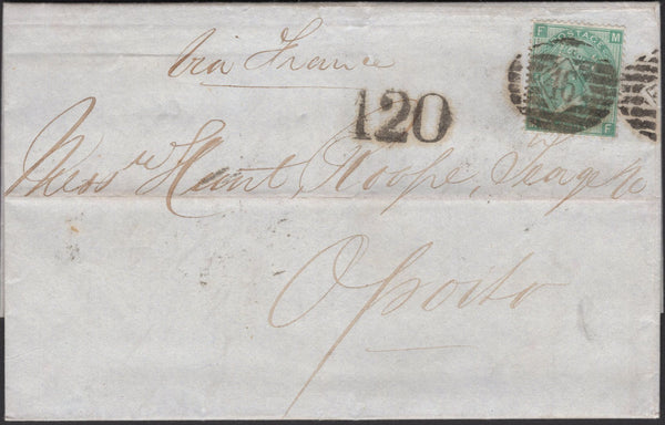 136578 1865 MAIL LONDON TO OPORTO WITH 1S GREEN PL.4 (SG101).