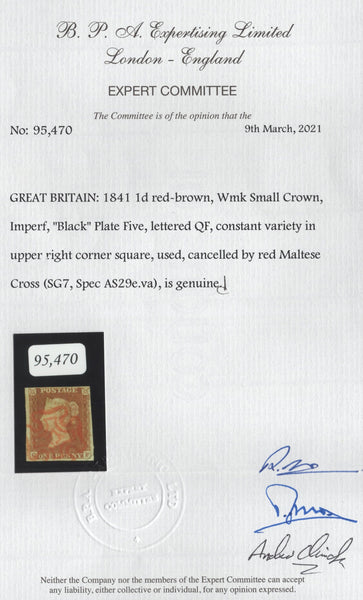 136585 1841 1D RED PL.5 (SG7)(QF) CANCELLED RED MALTESE CROSS (SPEC A2va).