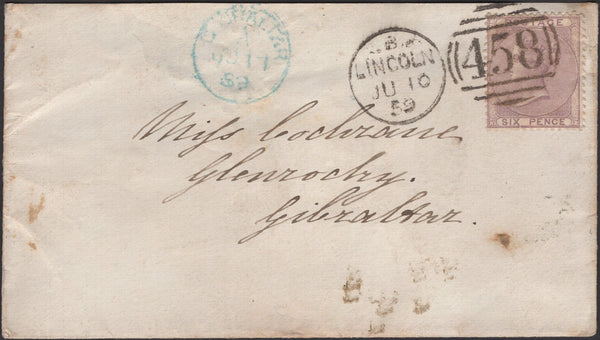 136586 1859 MAIL LINCOLN TO GIBRALTAR WITH 6D LILAC (SG70).