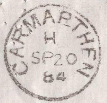 136588 1884 MAIL ABERGWILLY TO CARMARTHEN WITH ½D SLATE BLUE (SG187) 'ABERGWILLY' DATE STAMP AND 'E40' NUMERAL.