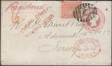 136590 1863 1D PINK ENVELOPE REGISTERED MAIL LONDON TO JERSEY WITH 4D PALE RED (SG80).