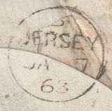 136590 1863 1D PINK ENVELOPE REGISTERED MAIL LONDON TO JERSEY WITH 4D PALE RED (SG80).