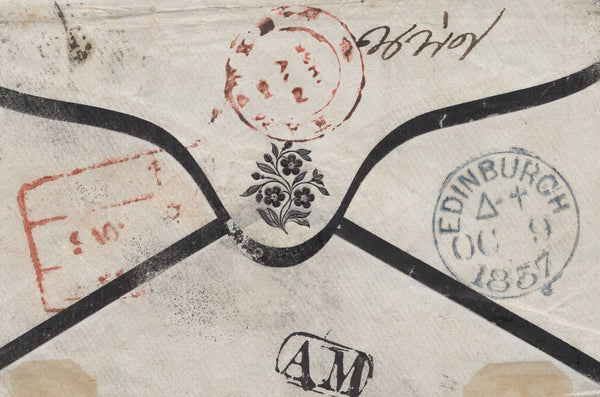 136607 1857 MOURNING ENVELOPE EDINBURGH TO BOMBAY WITH 1S PALE GREEN (SG73) WITH 'CHARLOTTE/PLACE' SCOTS LOCAL CANCELLATION TYPE XVIII.