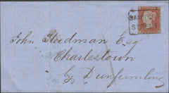 136624 1855 MAIL EDINBURGH TO DUNFERMLINE WITH 'SANDPORT/STREET' SCOTS LOCAL CANCELLATION TYPE XVIII IN BLACK.