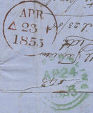 136624 1855 MAIL EDINBURGH TO DUNFERMLINE WITH 'SANDPORT/STREET' SCOTS LOCAL CANCELLATION TYPE XVIII IN BLACK.