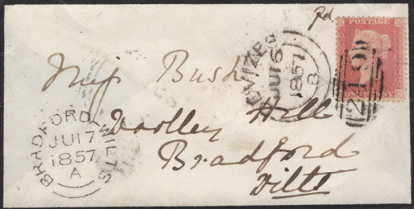136635 1857 MOURNING ENVELOPE DEVIZES TO BRADFORD, WILTS WITH 'POTTERNE' UDC.