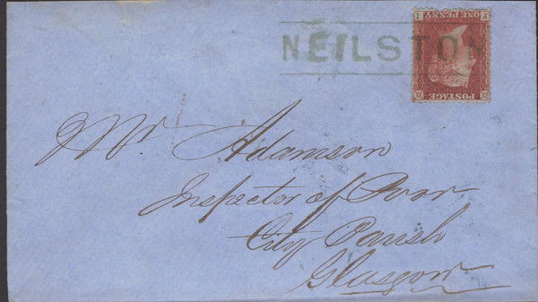 136653 1857 MAIL USED LOCALLY IN GLASGOW WITH 'NEILSTON' SCOTS LOCAL CANCELLATION TYPE III IN BLUE.