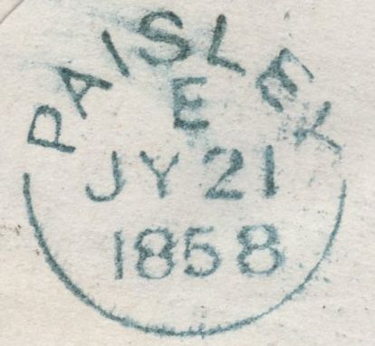 136655 1858 MAIL HOWOOD (CO. RENFREW) TO PAISLEY WITH 'HOWOOD' SCOTS LOCAL CANCELLATION TYPE VIII IN BLUE-GREEN.
