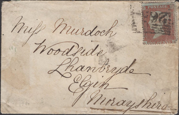 136669 1855 MAIL DUNBOG, FIFE TO ELGIN WITH 'DUNBOG' TYPE D1 SCOTS LOCAL BACK STAMP.