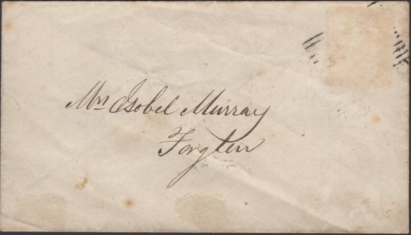 136671 1858 MAIL USED LOCALLY IN FORGLEN, BANFFSHIRE WITH 'FORGLEN' TYPE D1 SCOTS LOCAL BACK STAMP IN GREEN.