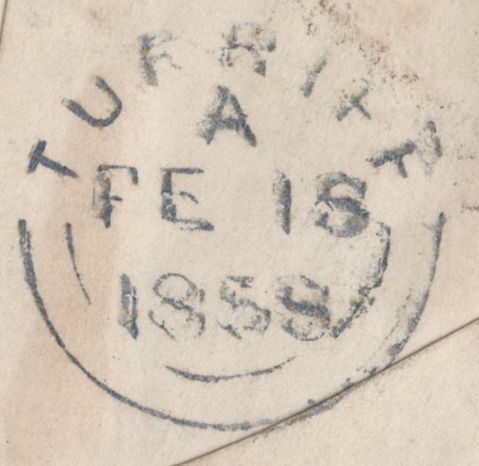 136671 1858 MAIL USED LOCALLY IN FORGLEN, BANFFSHIRE WITH 'FORGLEN' TYPE D1 SCOTS LOCAL BACK STAMP IN GREEN.