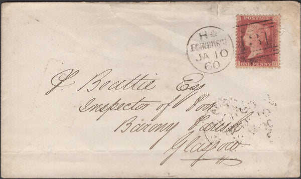 136678 1860 MAIL EDINBURGH TO GLASGOW WITH 'SANDPORT/STREET' TYPE D4 SCOTS LOCAL BACK STAMP.