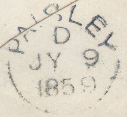 136681 1859 MAIL GLASGOW TO PAISLEY WITH 'NEILSTON' TYPE B1 SCOTS LOCAL BACK STAMP.