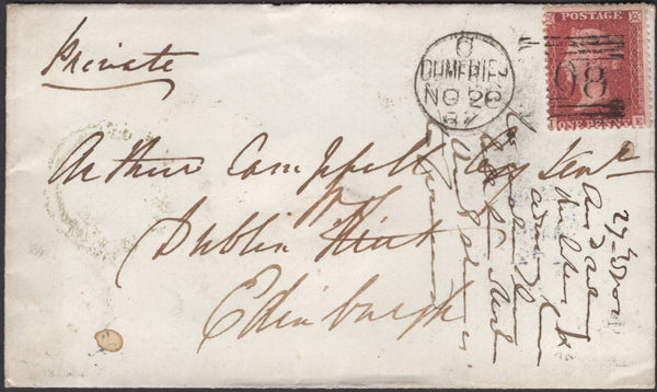 136684 1857 MAIL DUMFRIES TO EDINBURGH WITH 'KIRKBEAN' TYPE C1 SCOTS LOCAL BACK STAMP.