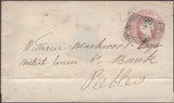 136688 1855 1D PINK ENVELOPE LEADBURN, MIDLOTHIAN TO PEEBLES WITH 'LEADBURN' TYPE D1 SCOTS LOCAL BACK STAMP.