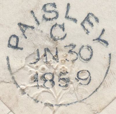 136690 1859 MAIL KILBARCHAN (CO. RENFREW) TO PAISLEY WITH 'KILBARCHAN' TYPE C1 SCOTS LOCAL BACK STAMP.