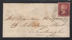 136696 1860 MOURNING ENVELOPE TORPHINS (CO. ABERDEEN) TO EDINBURGH WITH 'TORPHINS' SCOTS LOCAL CANCELLATION TYPE VIII IN GREEN WITH ADDITIONAL STRIKE ON REVERSE.