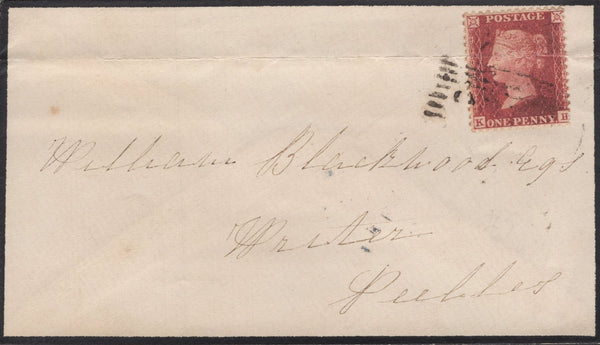 136697 1859 MOURNING ENVELOPE STOBO (CO. ROXBURGH) TO PEEBLES WITH 'STOBO' TYPE C1 SCOTS LOCAL BACK STAMP.