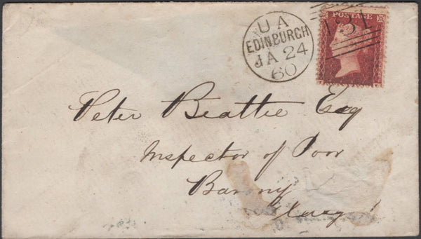136704 1860 MAIL EDINBURGH TO GLASGOW WITH 'CROSS' TYPE E2 SCOTS LOCAL BACK STAMP.